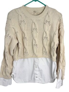 Pilcro Cream Cable Knit Faux Layered Sweater with White Shirt Hem Size Small